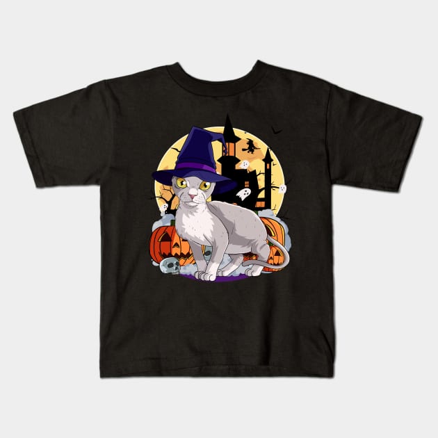 Devon Rex Cat Funny Halloween Witch Pumpkin Kids T-Shirt by Noseking